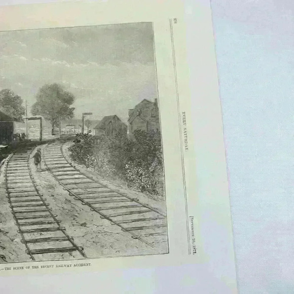 Art Print Revere Massachusetts Railroad Train Wreck Scene Antique 1871 RARE - Picture 10 of 12
